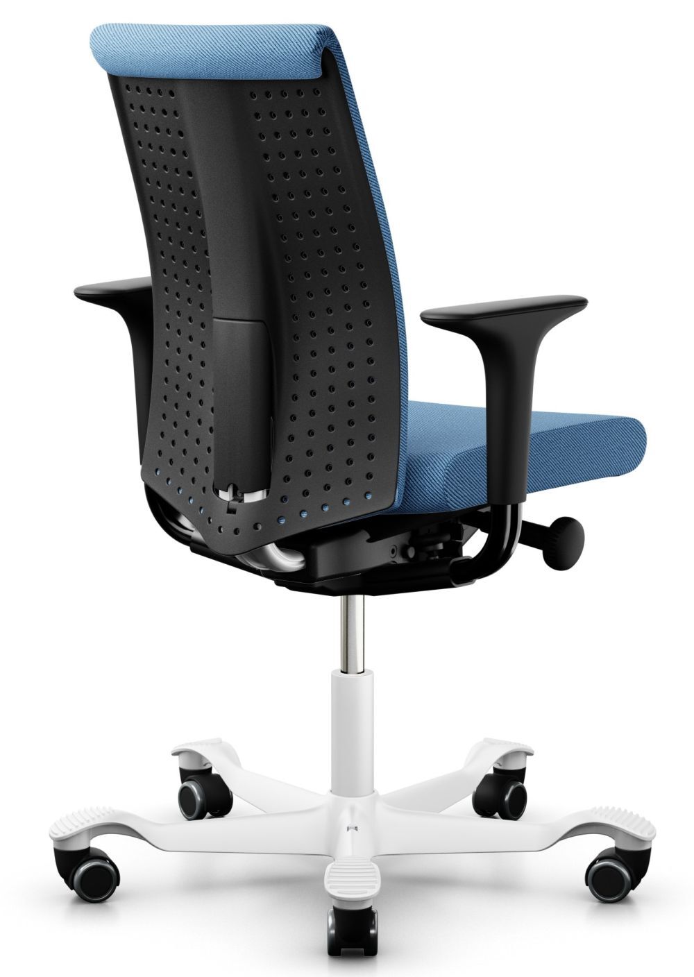 Ergonomischer Bürostuhl mit blauer Rückenlehne und schwarzem Gestell, optimiert für dynamisches Sitzen, Rückansicht.