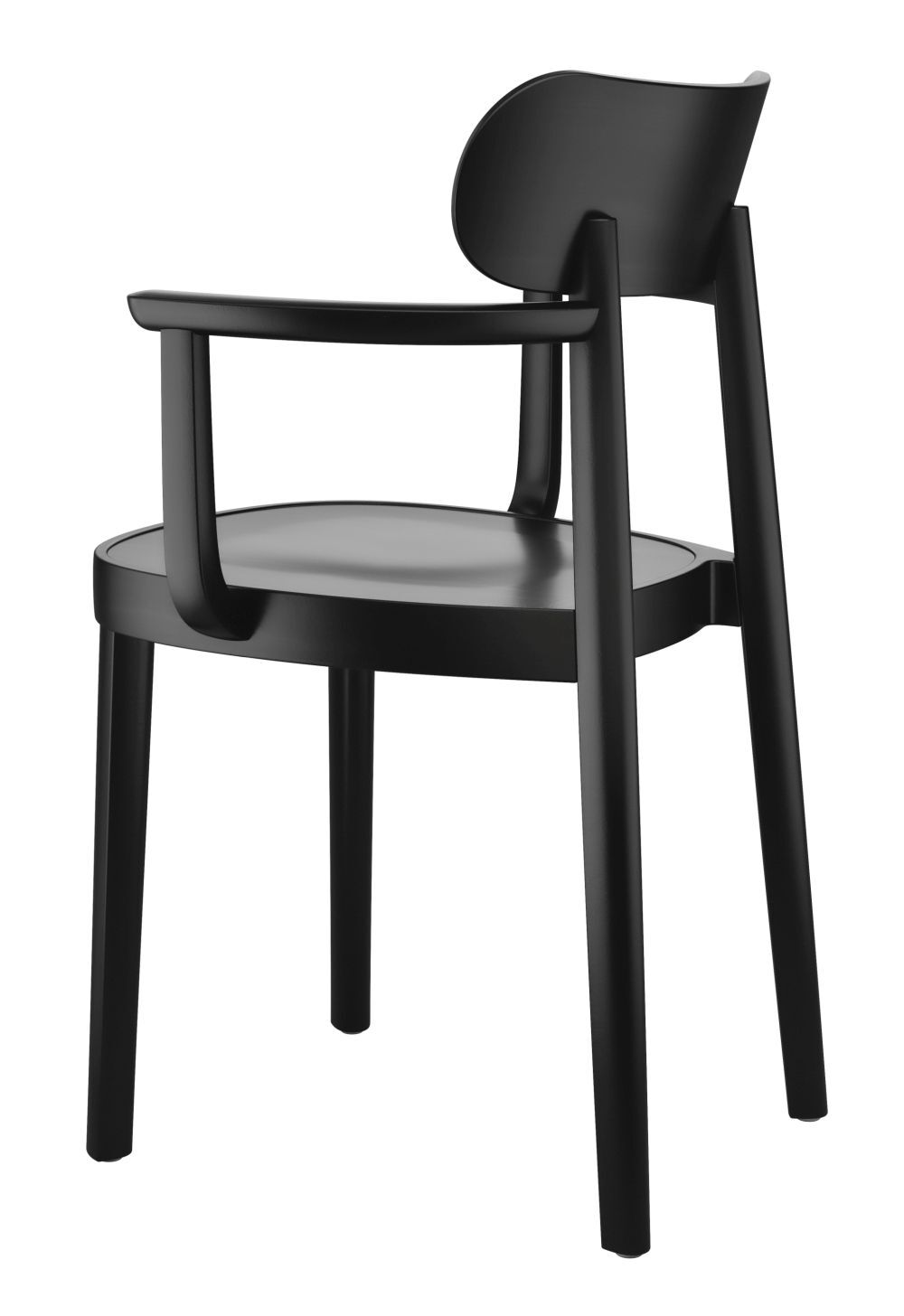 Schwarzer ergonomischer Stuhl mit elegantem Design, abgerundeter Rückenlehne und stabilen Armlehnen.