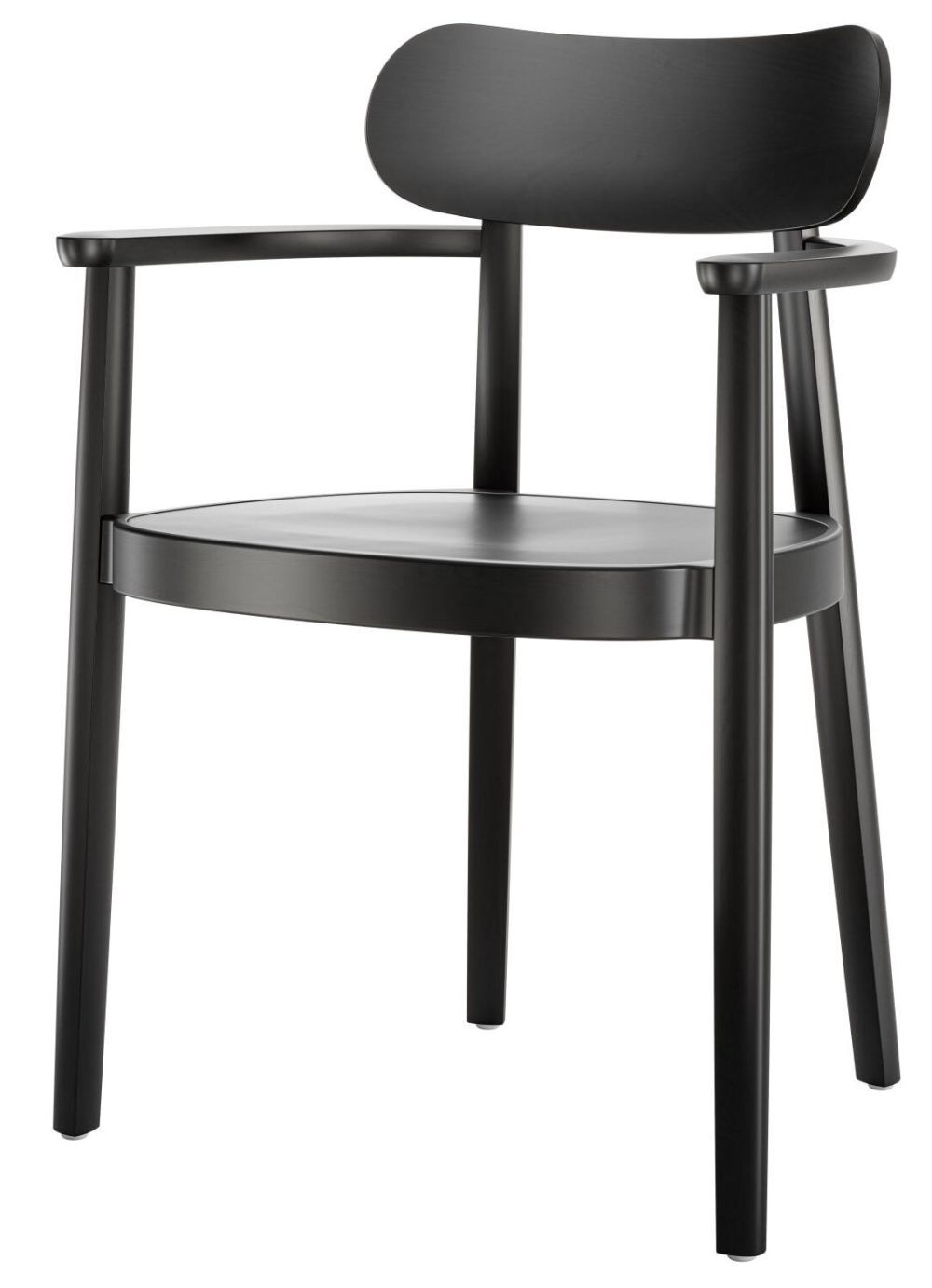 Moderner schwarzer Stuhl mit runden Armlehnen und geschwungener Rückenlehne, ideal für ergonomische Büroumgebungen.