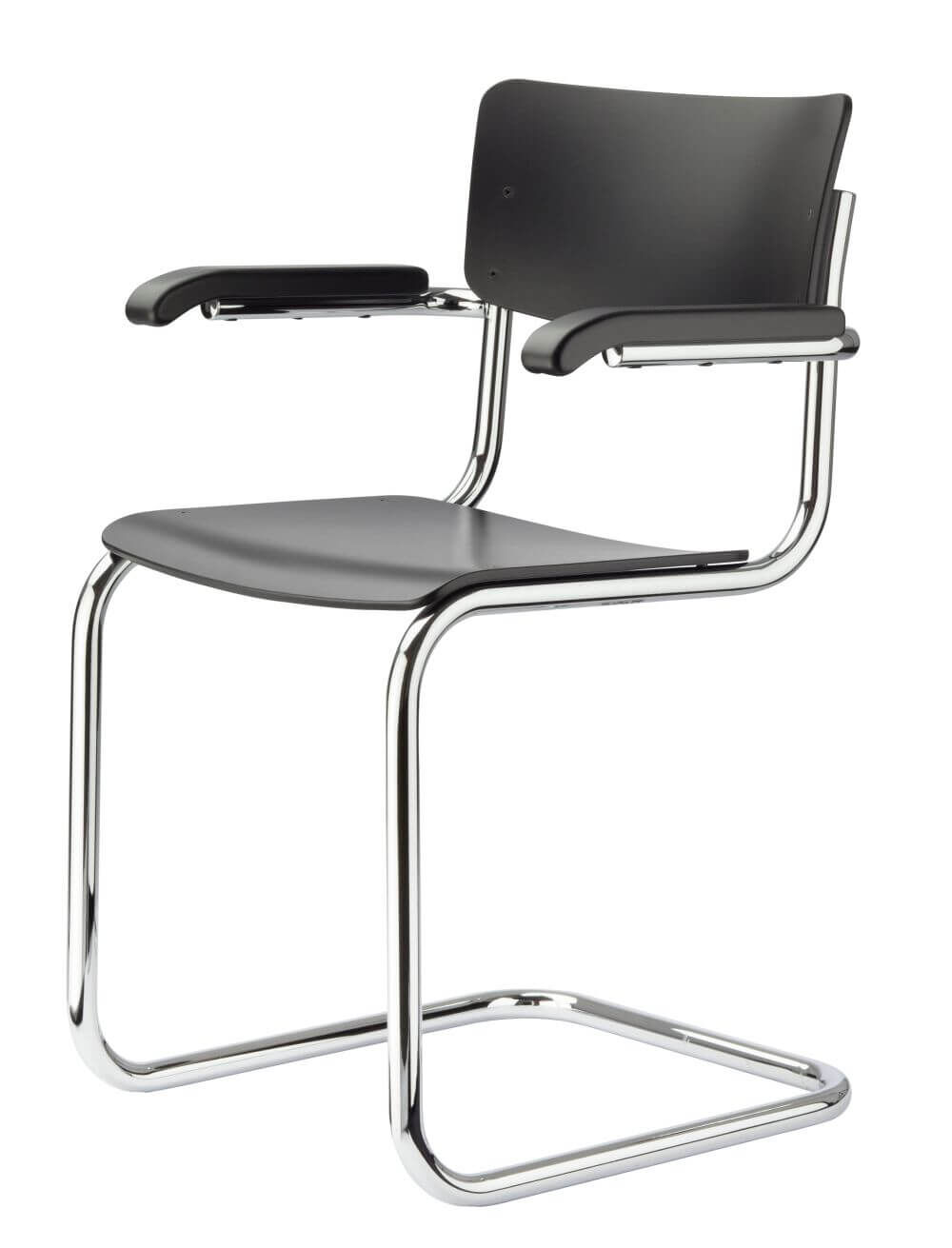 Moderner Freischwinger-Stuhl mit verchromtem Gestell und schwarzen Sitz- und Rückenflächen für ergonomisches Sitzen.