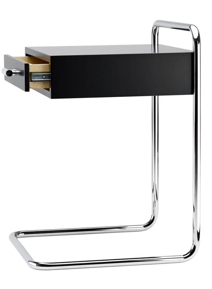 Moderner schwarzer Tisch mit Schublade, verchromtes Metallgestell, minimalistisches Design, ideal für Büroeinrichtung.