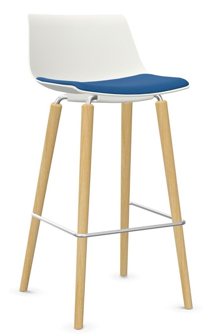 Moderner Barhocker mit weißer Sitzschale, blauem Kissen und Holzbeinen, ideal für ergonomische Sitzpositionen.