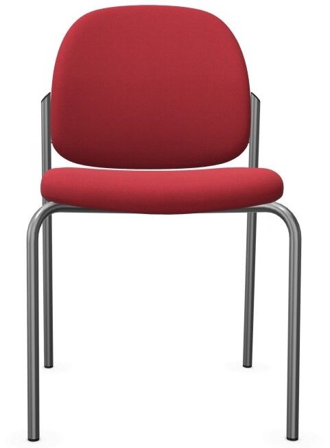 Roter ergonomischer Bürostuhl mit gepolsterter Sitzfläche und Rückenlehne auf metallischem Vierbeingestell.