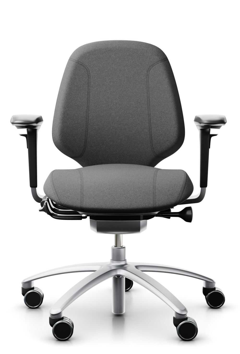 Ergonomischer Bürostuhl in Grau mit verstellbaren Armlehnen und Rollen für dynamisches Sitzen und Komfort.