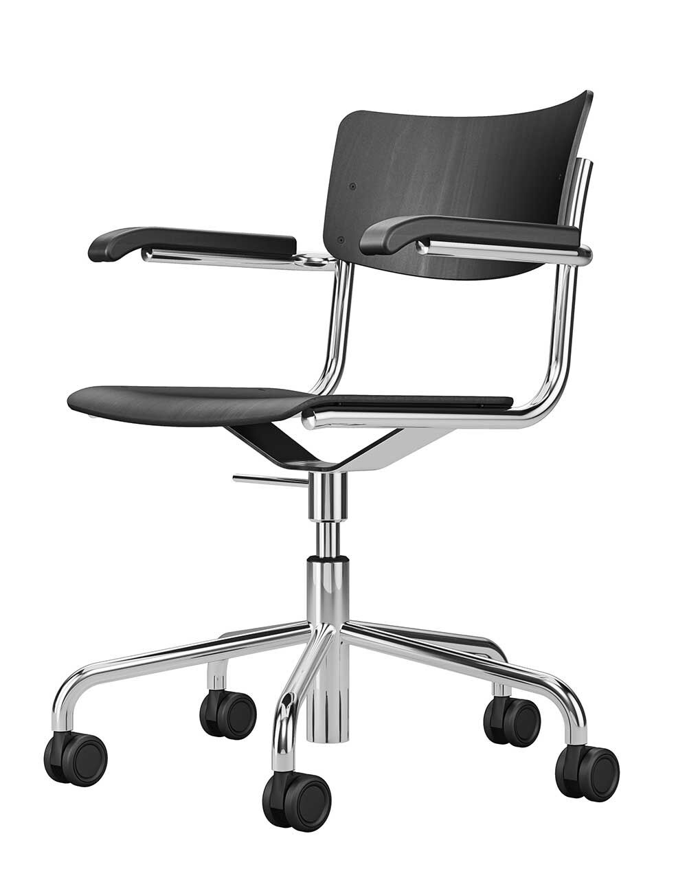 Ergonomischer Bürostuhl mit schwarzem Sitz und Armlehnen, verchromtem Gestell und Rollen für dynamisches Sitzen.