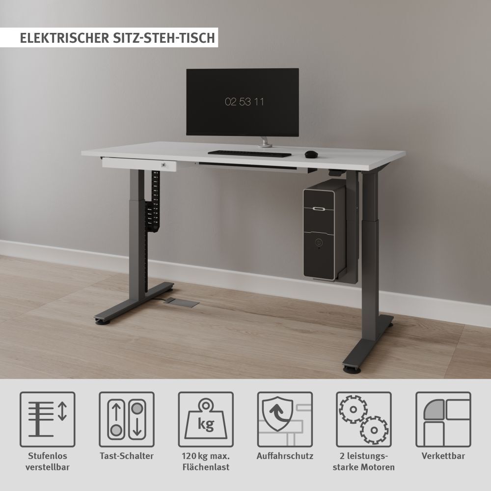 Elektrischer Sitz-Steh-Tisch mit Monitor, Tastatur und PC-Halterung. Verstellbar, hohe Traglast und Auffahrschutz.