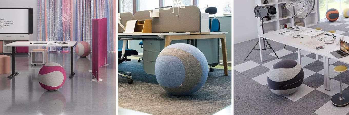 Drei moderne Arbeitsplätze mit ergonomischen Sitzbällen in verschiedenen Designs für dynamisches Sitzen und gesundes Arbeiten.