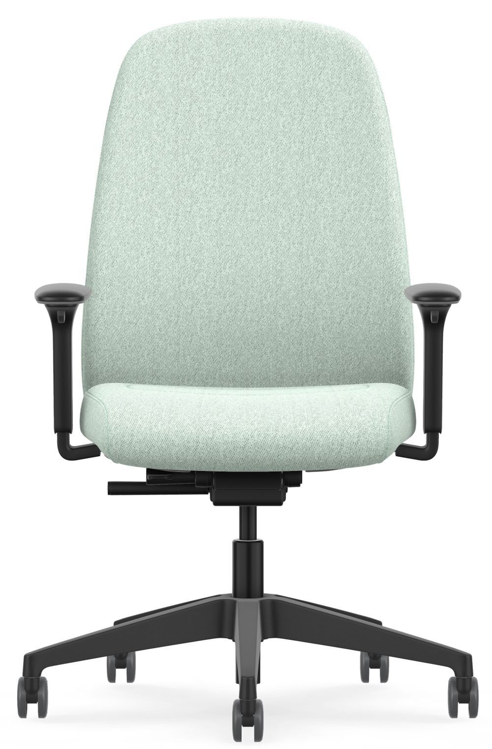 Ergonomischer Bürostuhl mit hellgrüner Polsterung, verstellbaren Armlehnen und schwarzem Drehfußgestell auf Rollen.