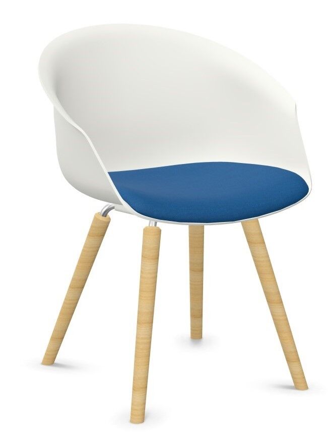 Moderner Stuhl mit weißer Rückenschale, blauer Sitzfläche und Holzbeinen für ergonomisches Sitzen.