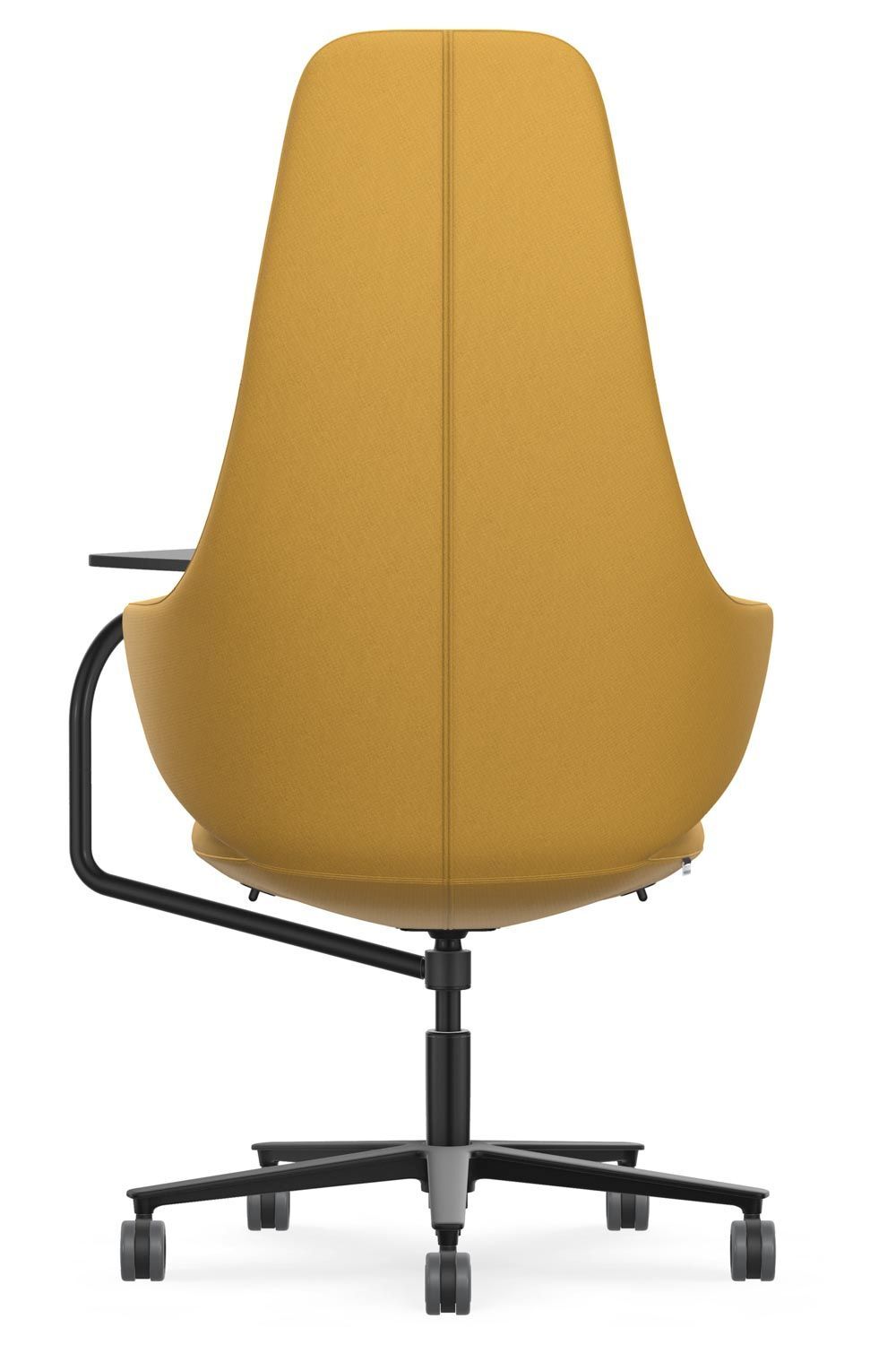 Rückansicht eines ergonomischen gelben Bürostuhls mit Rollen und schwarzem Metallgestell, ideal für dynamisches Sitzen.
