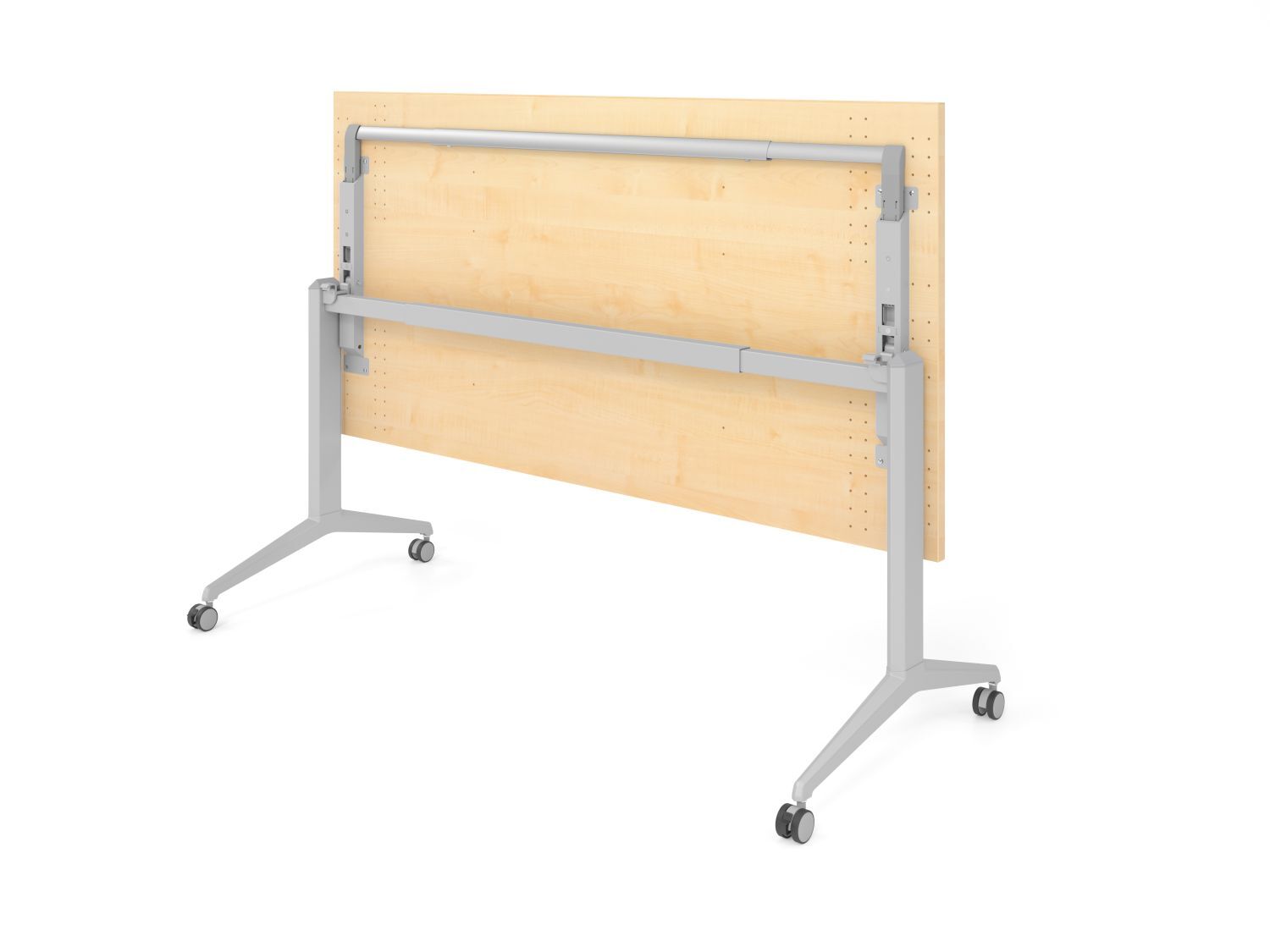 Klapptisch auf Rädern, hochgeklappt, mit heller Holzplatte und grauem Gestell, für flexible Arbeitsplatzgestaltung.