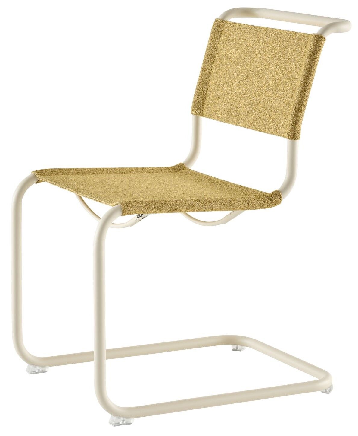 Ergonomischer Freischwingerstuhl mit beige Stoffbezug und weißem Metallrahmen, ideal für aktives und dynamisches Sitzen.