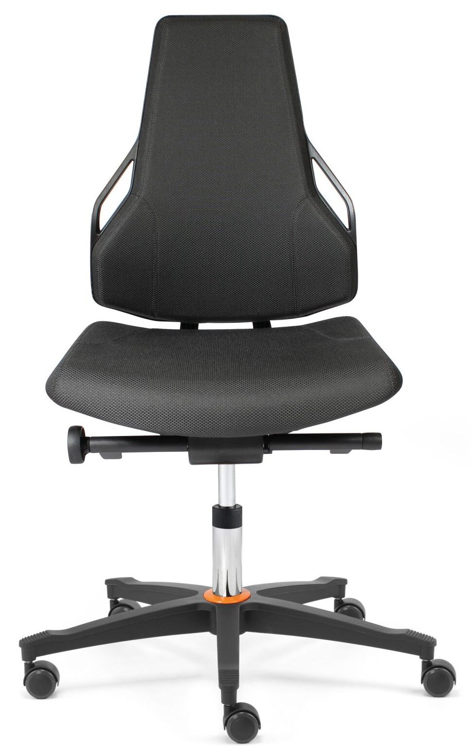 Ergonomischer Bürostuhl mit modernem Design, schwarzer Netzrückenlehne und verstellbarer Sitzhöhe, auf Rollen.