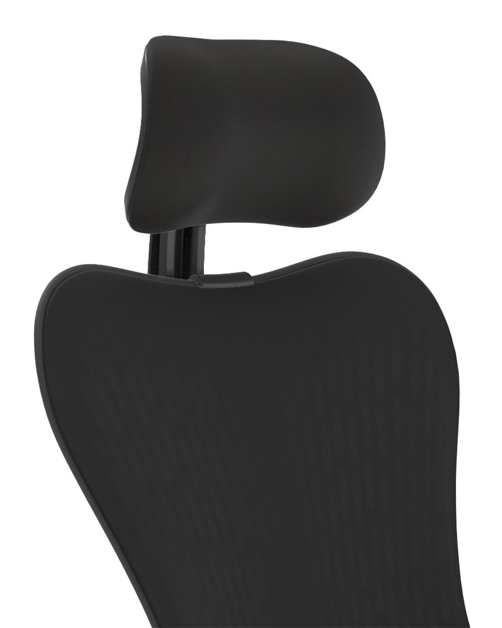 Nahaufnahme eines schwarzen ergonomischen Bürostuhls mit Kopfstütze für dynamisches und gesundes Sitzen.