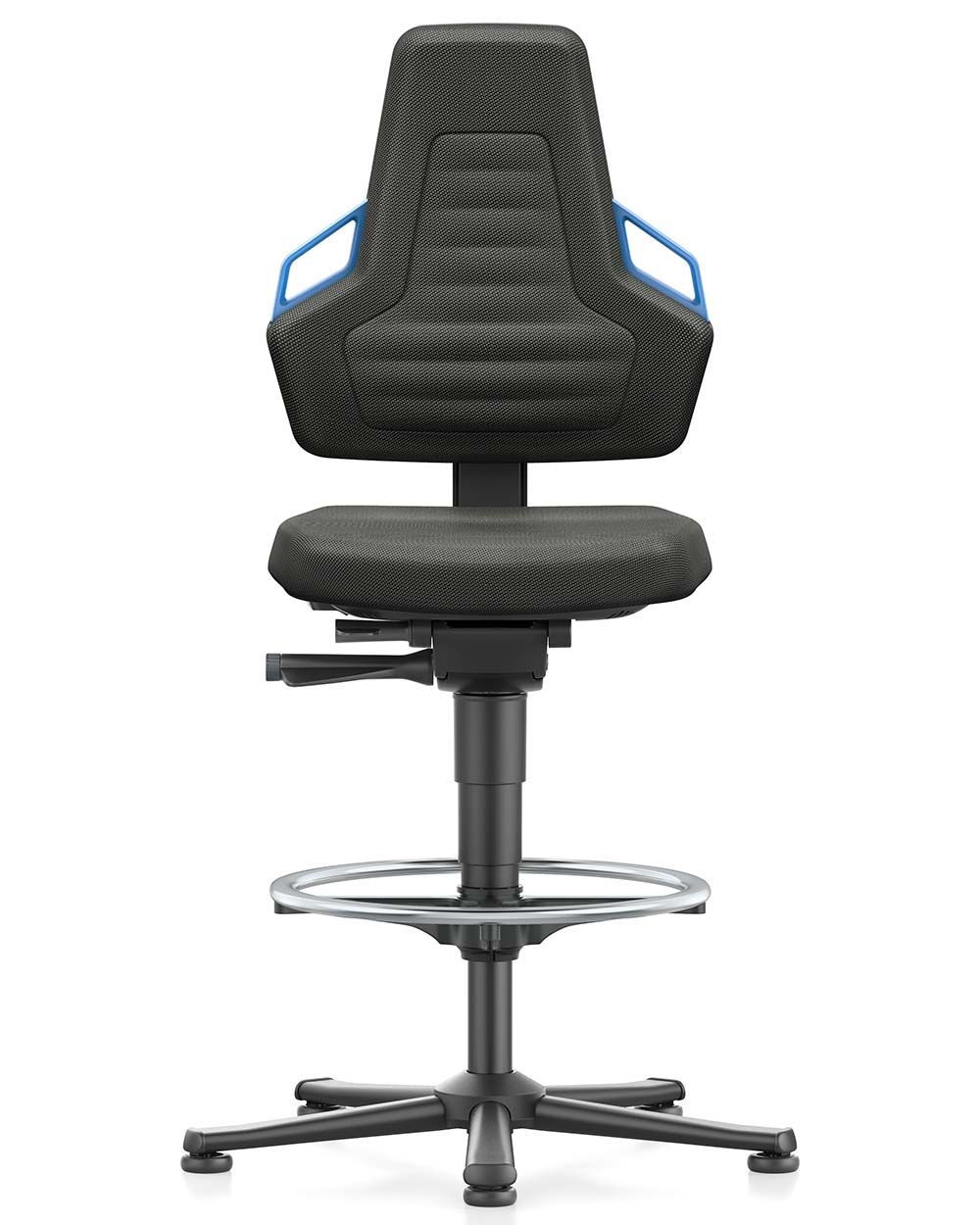 Ergonomischer Bürostuhl mit Fußring, blau-schwarz, für dynamisches Sitzen im Büro oder Homeoffice.