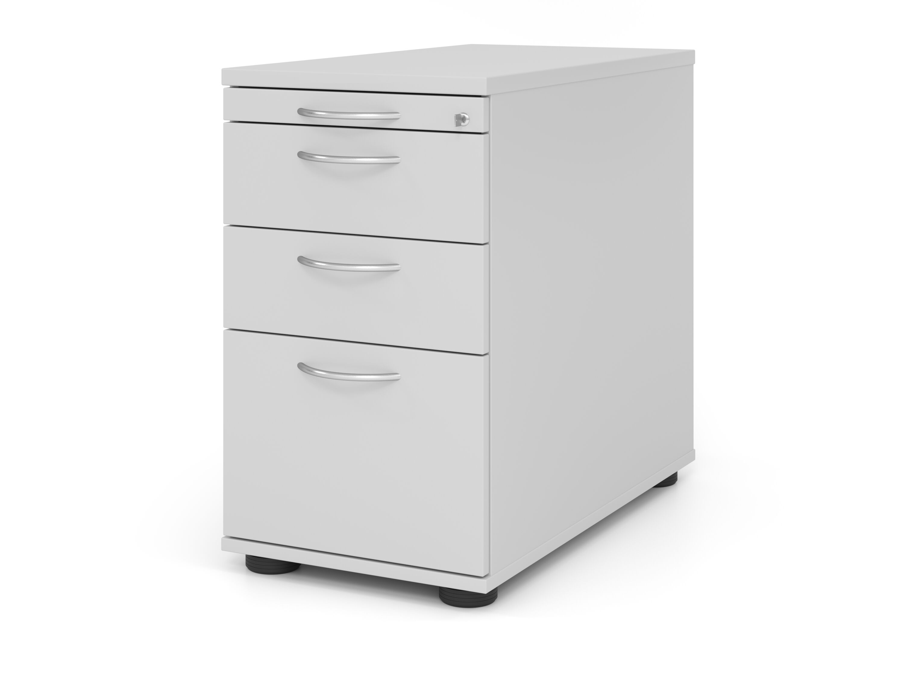 Weißer Büroschrank mit drei Schubladen und abschließbarem oberen Fach, ideal für ein organisiertes Homeoffice.