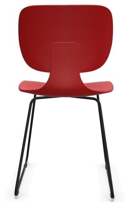 Roter ergonomischer Stuhl mit Metallbeinen, fokussiert auf einen stabilen und bequemen Sitz für das Büro.