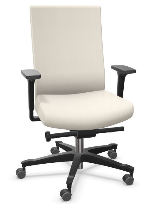 Weißer ergonomischer Bürostuhl mit verstellbaren Armlehnen und Rollen für dynamisches Sitzen und Komfort.