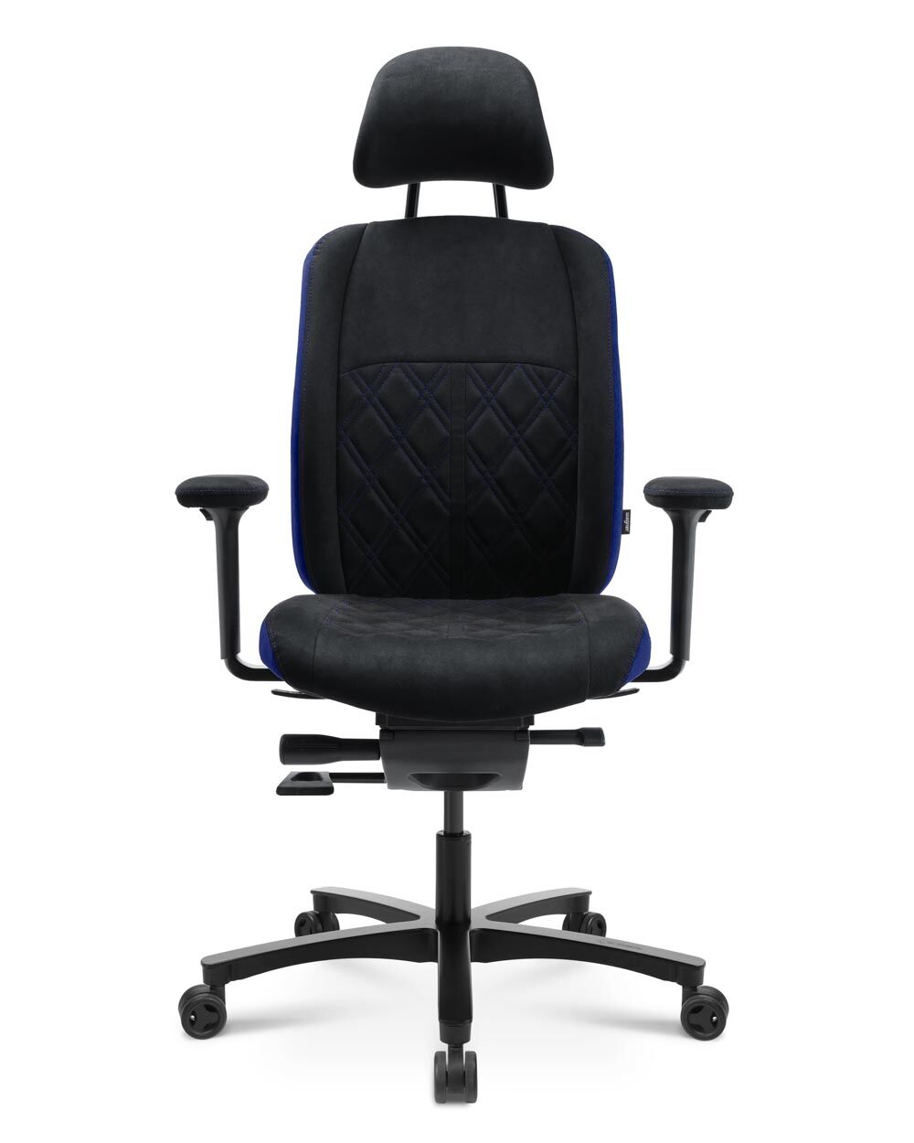 Schwarzer ergonomischer Bürostuhl mit Kopfstütze, gepolsterter Rückenlehne und verstellbaren Armlehnen auf Rollenbasis.