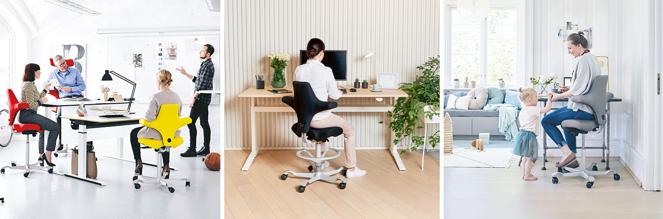 Ergonomischer Bürostuhl in modernem Raum, neben Schreibtisch, Sofa mit bunten Kissen und Pflanzen.