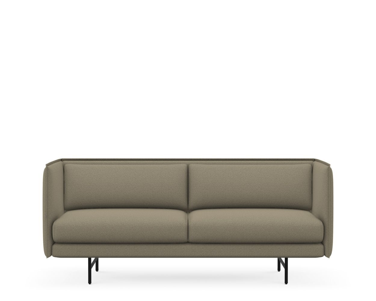 Minimalistisches graues Sofa mit schlichter Polsterung und schwarzen Metallbeinen vor weißem Hintergrund.