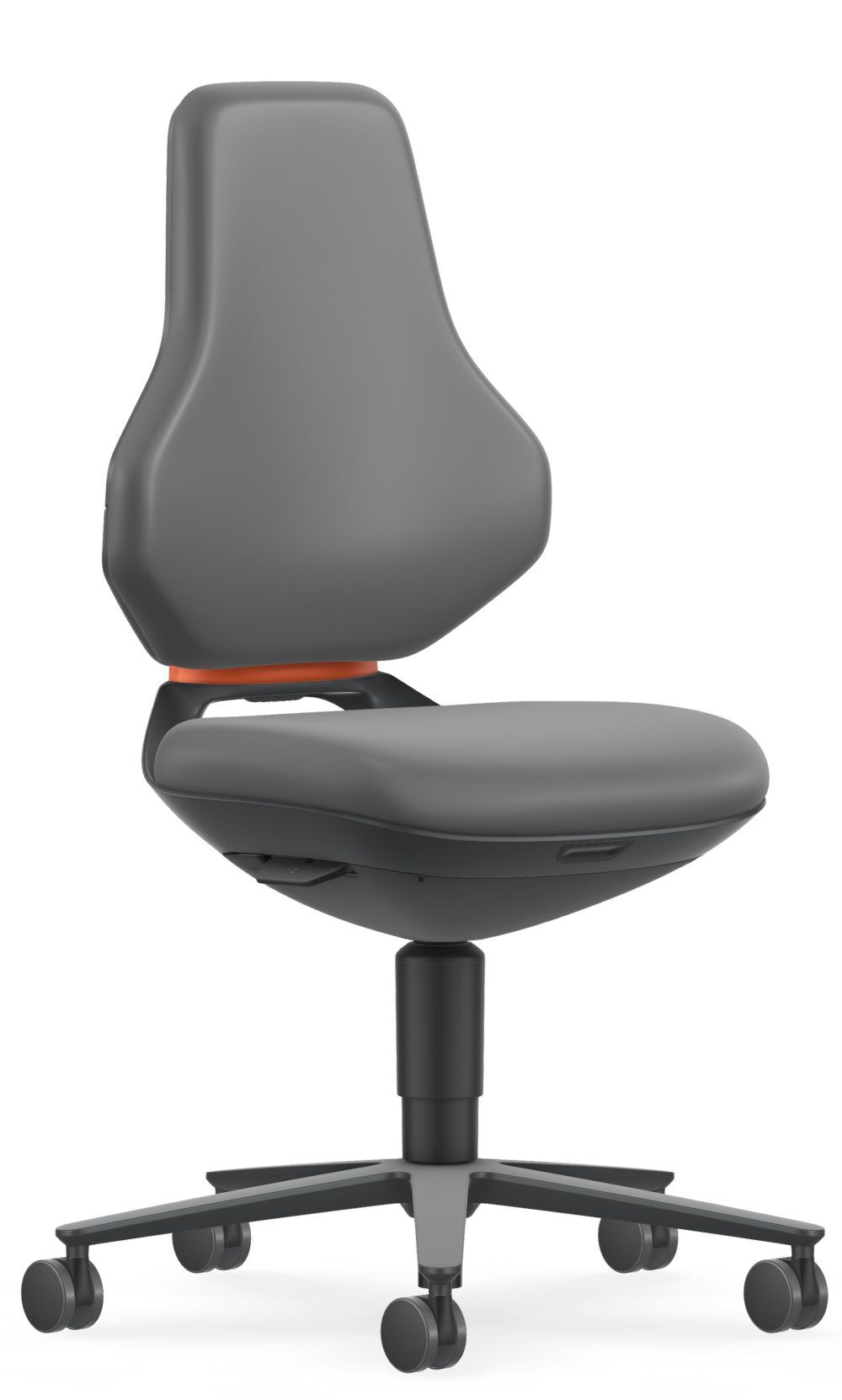 Grauer ergonomischer Bürostuhl mit verstellbarer Rückenlehne und fünf Rollen für dynamisches Sitzen.