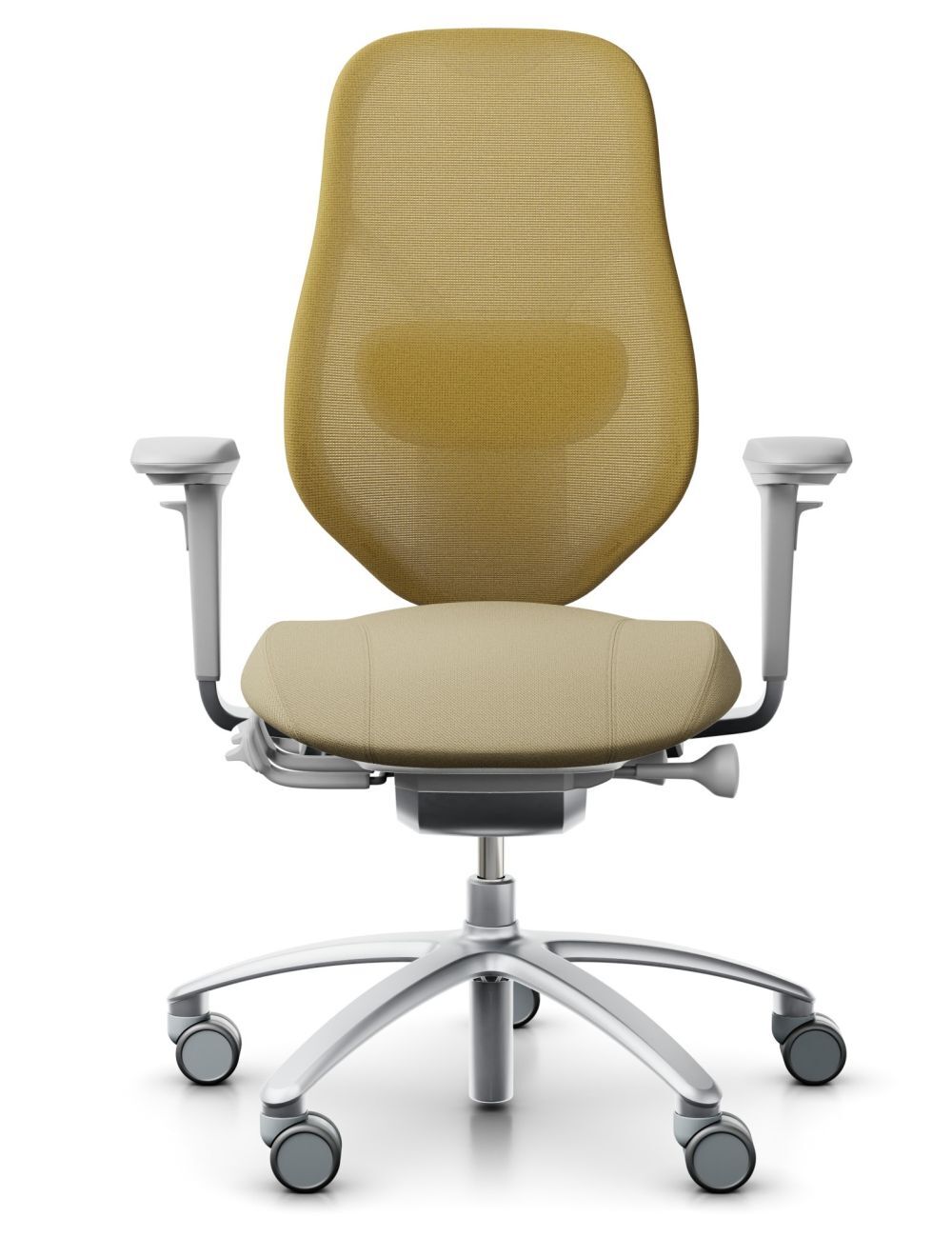 Ergonomischer Bürostuhl mit Netzrückenlehne und verstellbaren Armlehnen, fördert gesundes Sitzen im Arbeitsbereich.