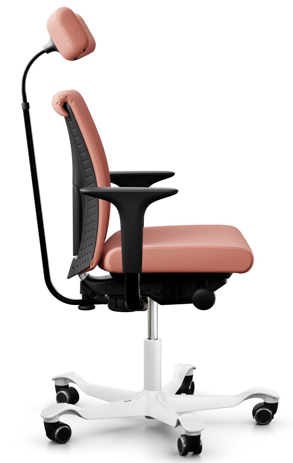 Ergonomischer Bürostuhl in Rosa mit Kopfstütze, Armlehnen und verstellbarem Sitz für gesundes, dynamisches Sitzen.