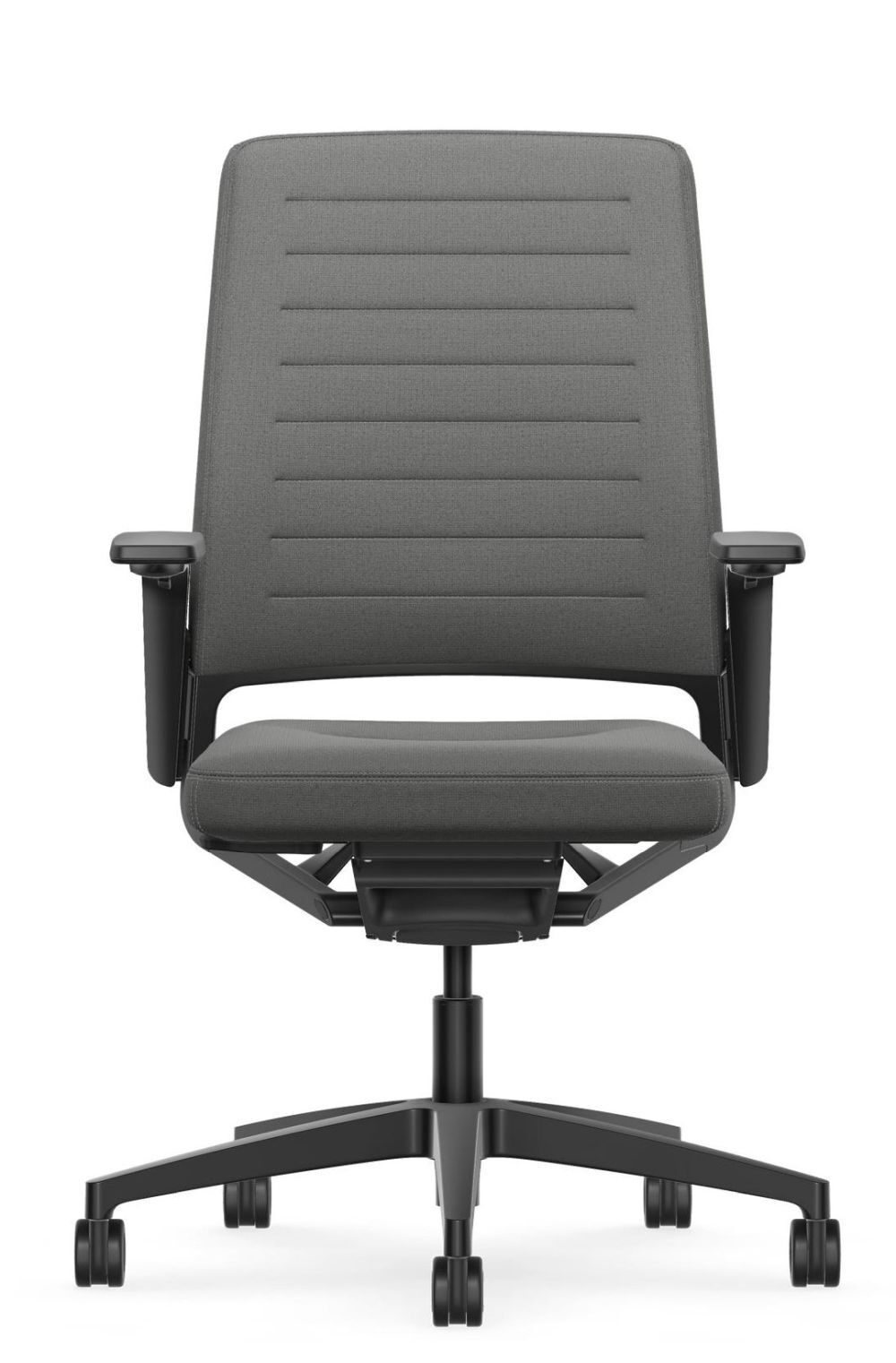 Ergonomischer Bürostuhl in Grau mit verstellbaren Armlehnen und Rollen für dynamisches Sitzen.