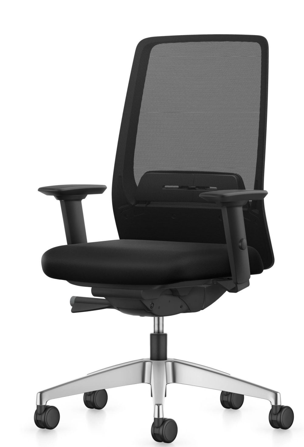 Ergonomischer Bürostuhl mit atmungsaktiver Netzrückenlehne, verstellbaren Armlehnen und stabilem Rollfußkreuz.