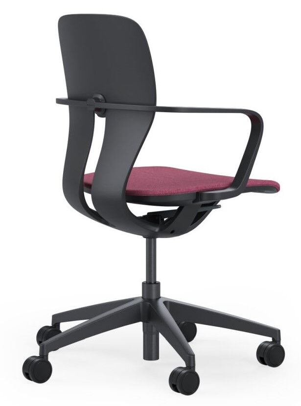 Moderner ergonomischer Bürostuhl mit dunkelgrauer Rückenlehne und rotem Sitzpolster, auf Rollen drehbar.