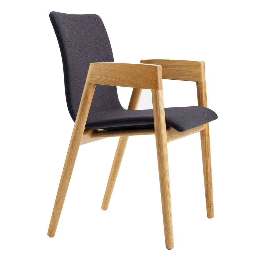 Holzstuhl mit gepolstertem Sitz und Rückenlehne, ergonomisches Design für komfortables Sitzen im modernen Büro.
