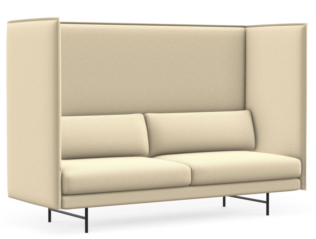 Beiges, zweisitziges Sofa mit hoher Rückenlehne und Seitenpaneelen für Privatsphäre, auf schwarzen Metallelementen.