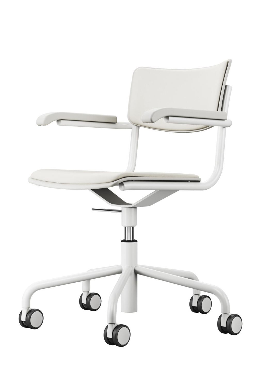 Eleganter weißer Bürostuhl mit ergonomischem Design und Rollen für dynamisches Sitzen und verbesserten Komfort.