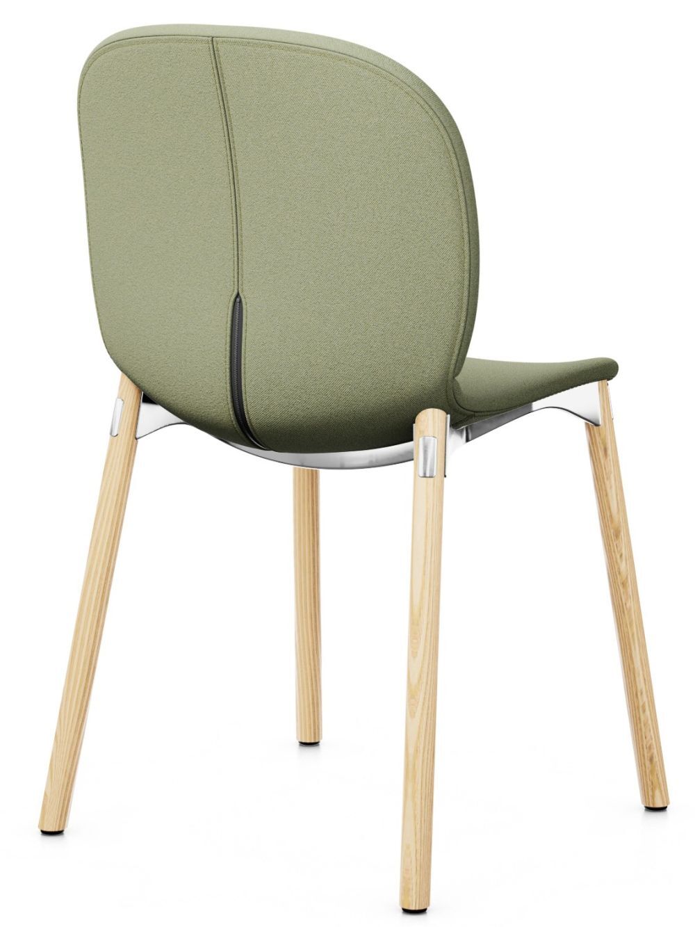 Ergonomischer Stuhl mit grünem Polster und Holzbeinen, zeigt schlichtes und modernes Design von hinten.