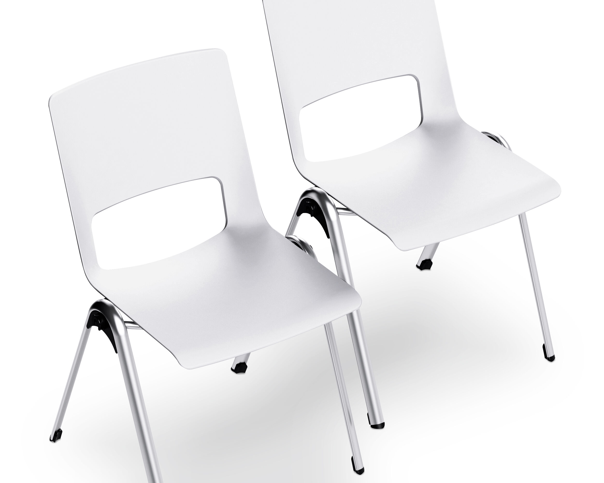 Zwei weiße ergonomische Stühle mit silbernen Metallbeinen, geeignet für Büro oder Konferenzräume.