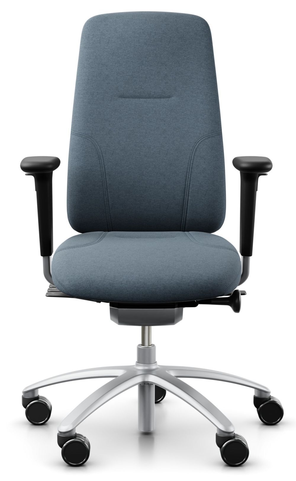 Ergonomischer Bürostuhl mit blauer Polsterung, höhenverstellbaren Armlehnen und silbernem Drehkreuz auf Rollen.