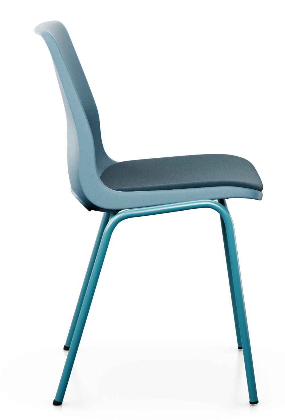 Moderner ergonomischer Stuhl mit blauem, gepolstertem Sitz und farblich abgestimmten Metallbeinen, seitliche Ansicht.