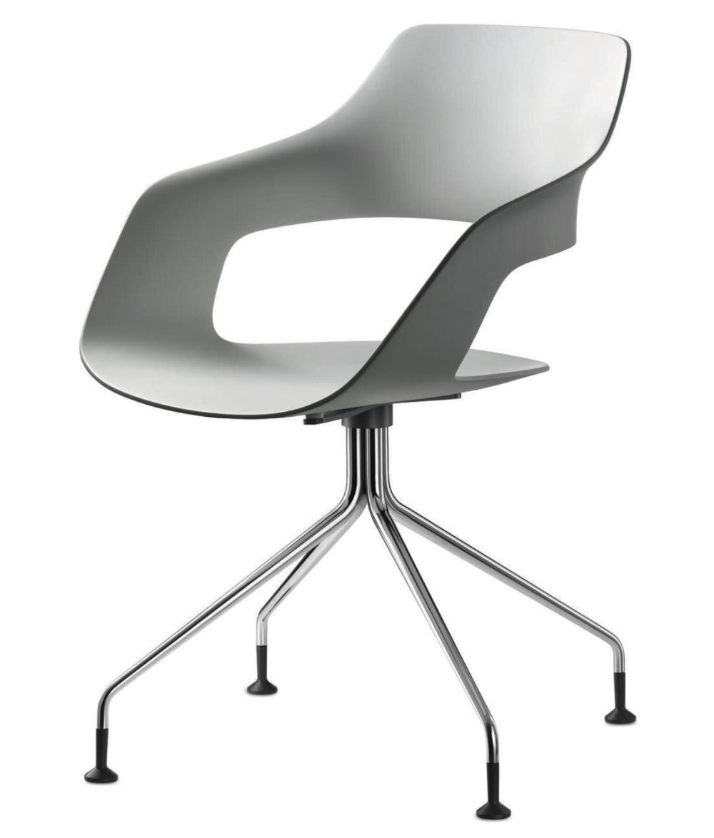 Moderner ergonomischer Stuhl in Grau mit geschwungener Rückenlehne und verchromtem Vierbeingestell.