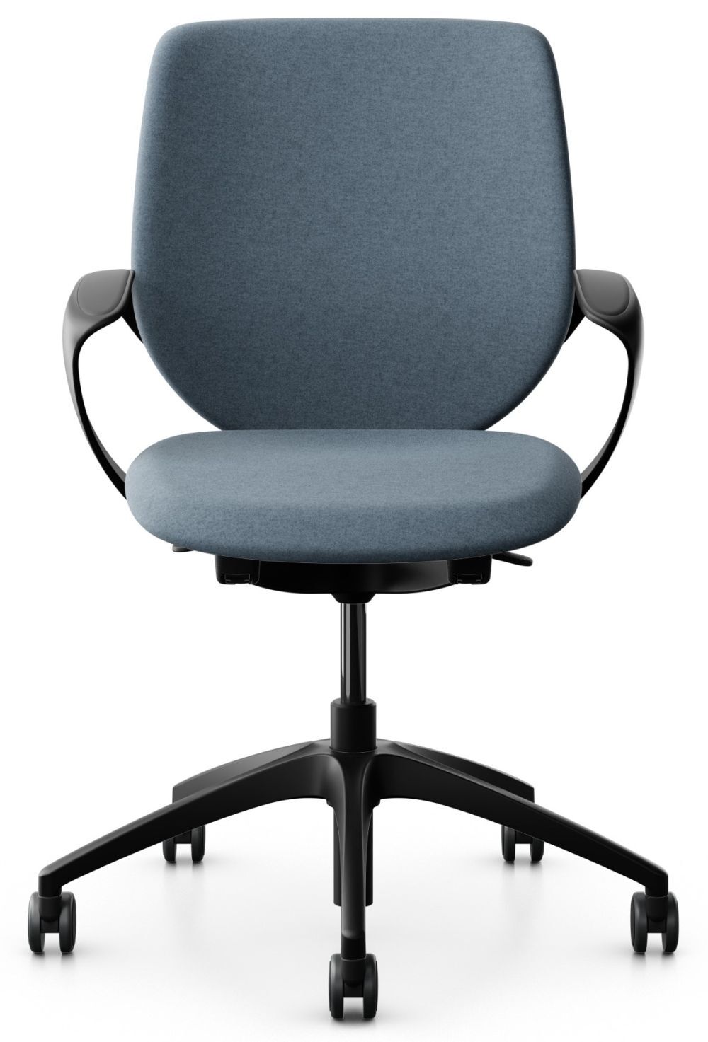 Ergonomischer Bürostuhl in Grau mit gepolsterter Sitzfläche, Rückenlehne und schwarzen Armlehnen auf fünf Rollen.