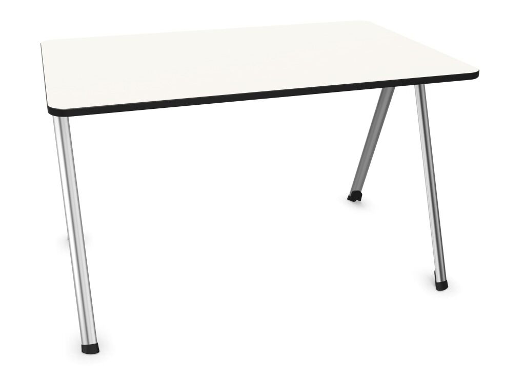 Moderner weißer Tisch mit einem minimalistischen Design und vier silbernen Beinen für ergonomische Arbeitsplätze.