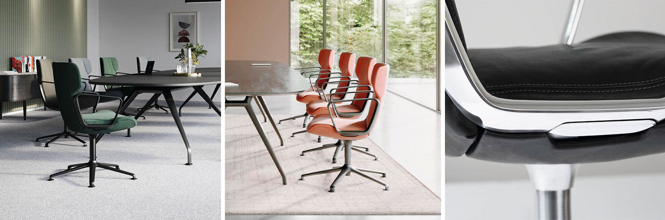Dreiteiliges Bild zeigt moderne ergonomische Konferenzsessel Wilkhahn Intra in verschiedenen Designs und Farben in eleganten Büroräumen.