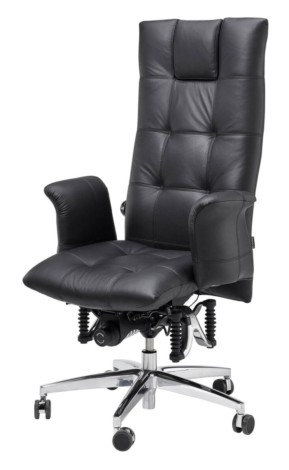 Schwarzer ergonomischer Bürostuhl mit hoher Rückenlehne, Lederpolstern und verstellbaren Armlehnen für dynamisches Sitzen.