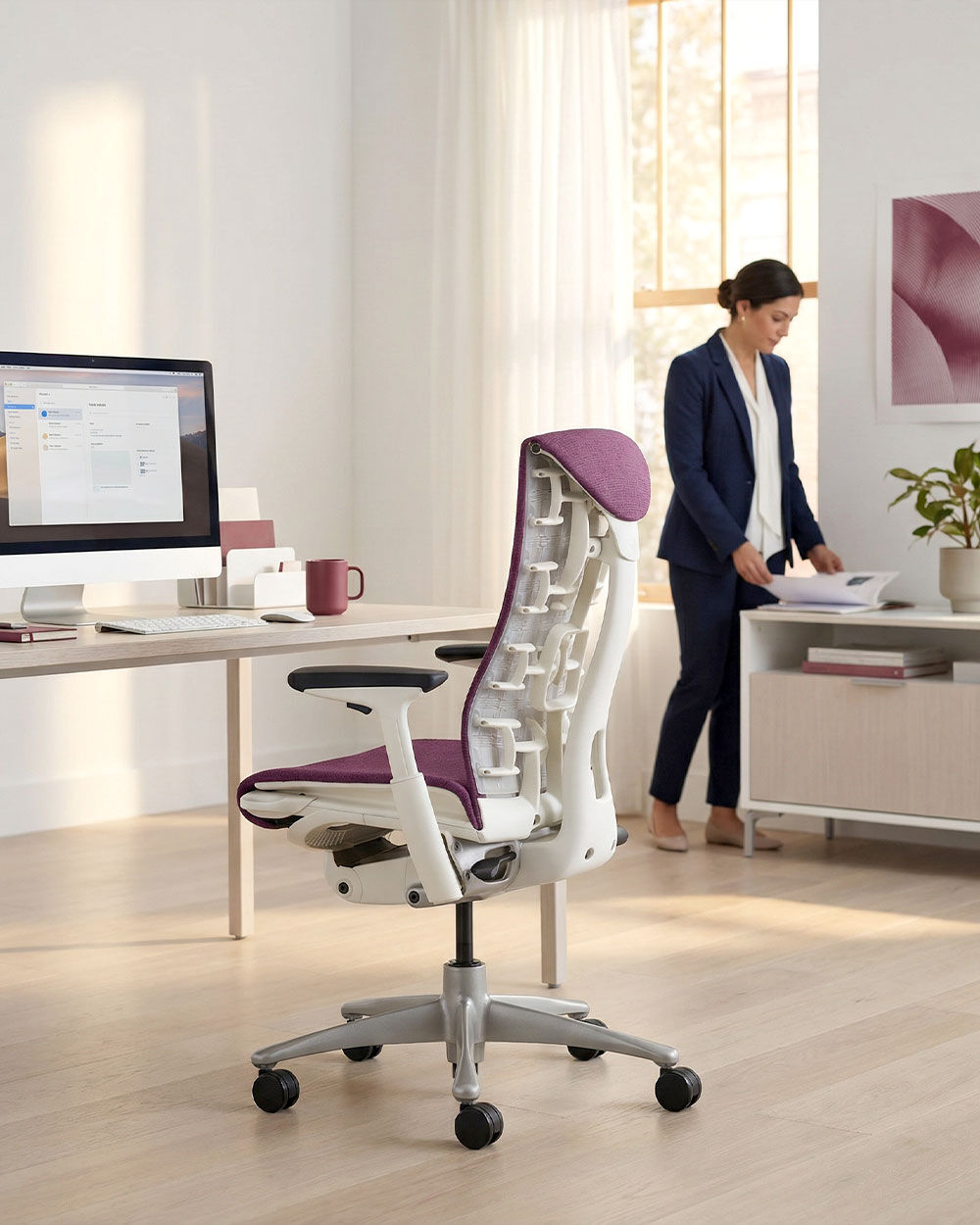 Ergonomischer Bürostuhl mit lila Polsterung in modernem Büro, Frau durchsucht Unterlagen im Hintergrund.