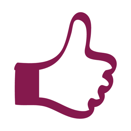 Symbol eines erhobenen Daumens in Dunkelrot, das Zustimmung oder Zufriedenheit ausdrückt.