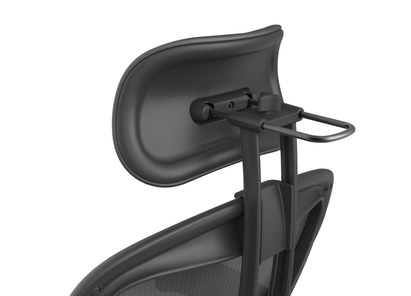 Schwarze ergonomische Kopfstütze eines Bürostuhls mit verstellbarem Nackenstützmechanismus, betont Komfort und Halt.