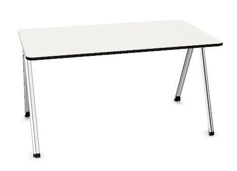 Weißer rechteckiger Tisch mit schmalen, silbernen Beinen, ideal für ergonomische Büros und Homeoffice.