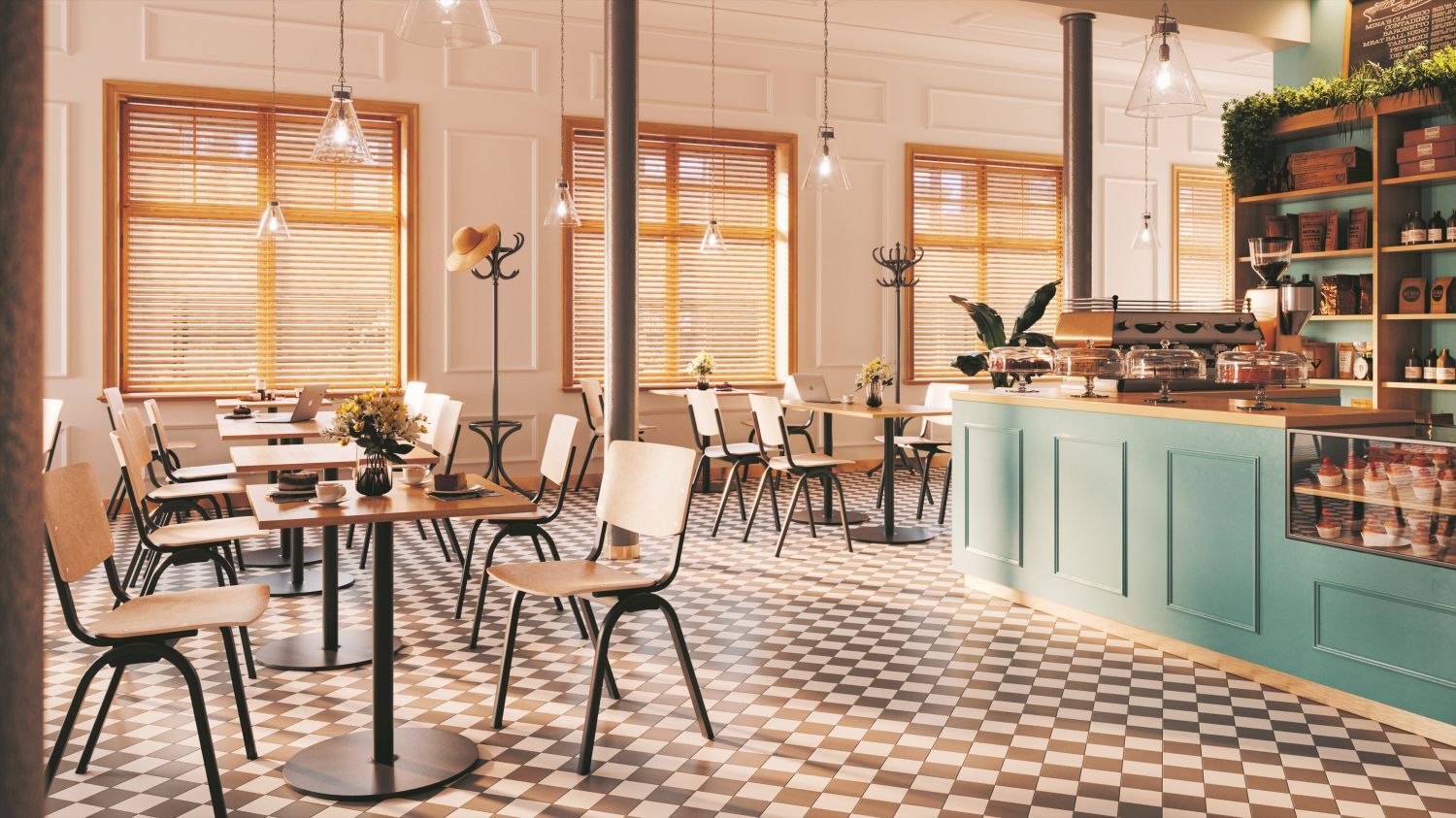 Ein stilvolles Café mit Holzstühlen, Tischen, hängenden Lampen und einer Theke mit ausgestellten Kuchen.