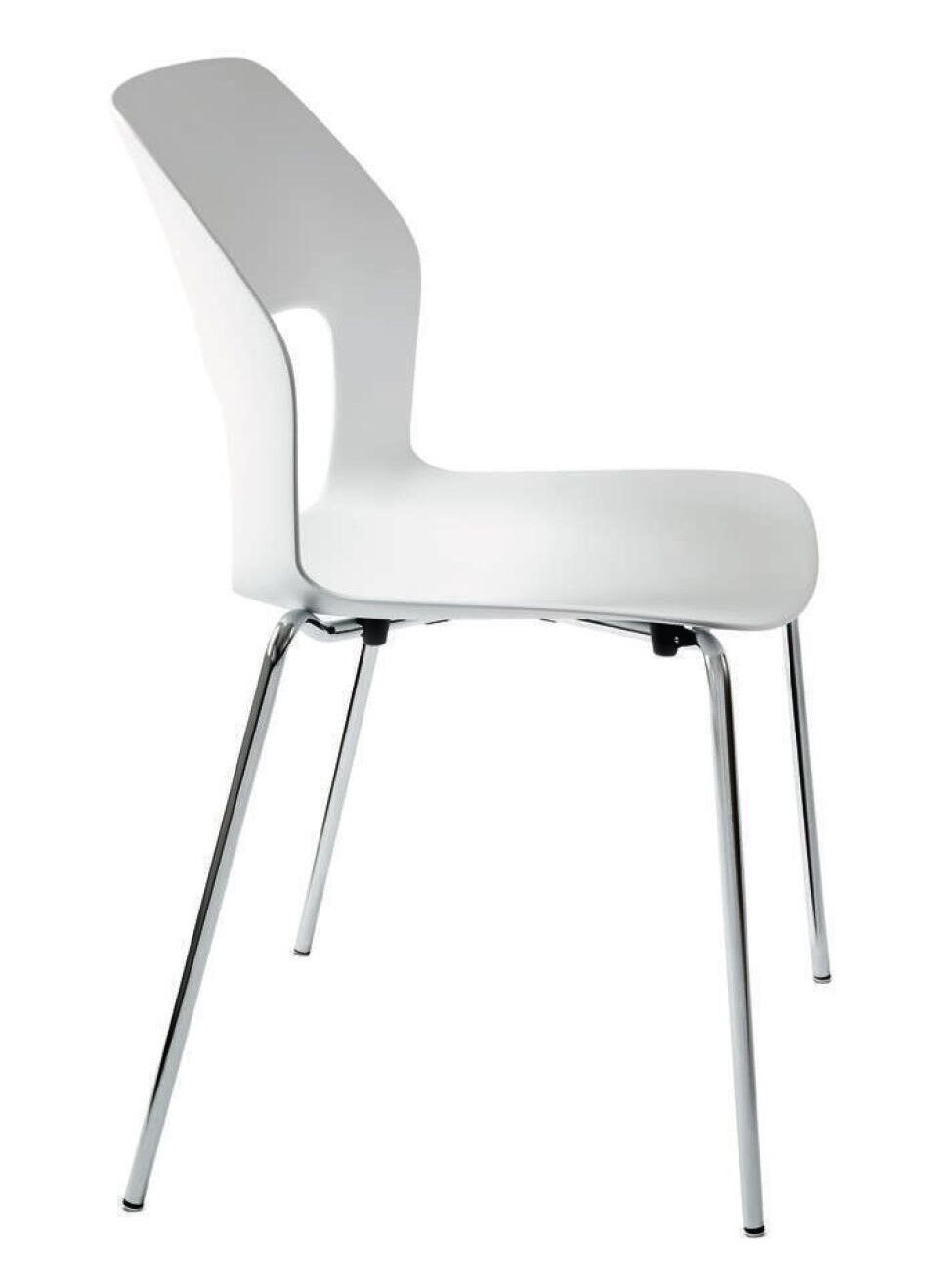 Moderner weißer Stuhl mit ergonomischem Design und verchromten Beinen, ideal für dynamisches Sitzen.