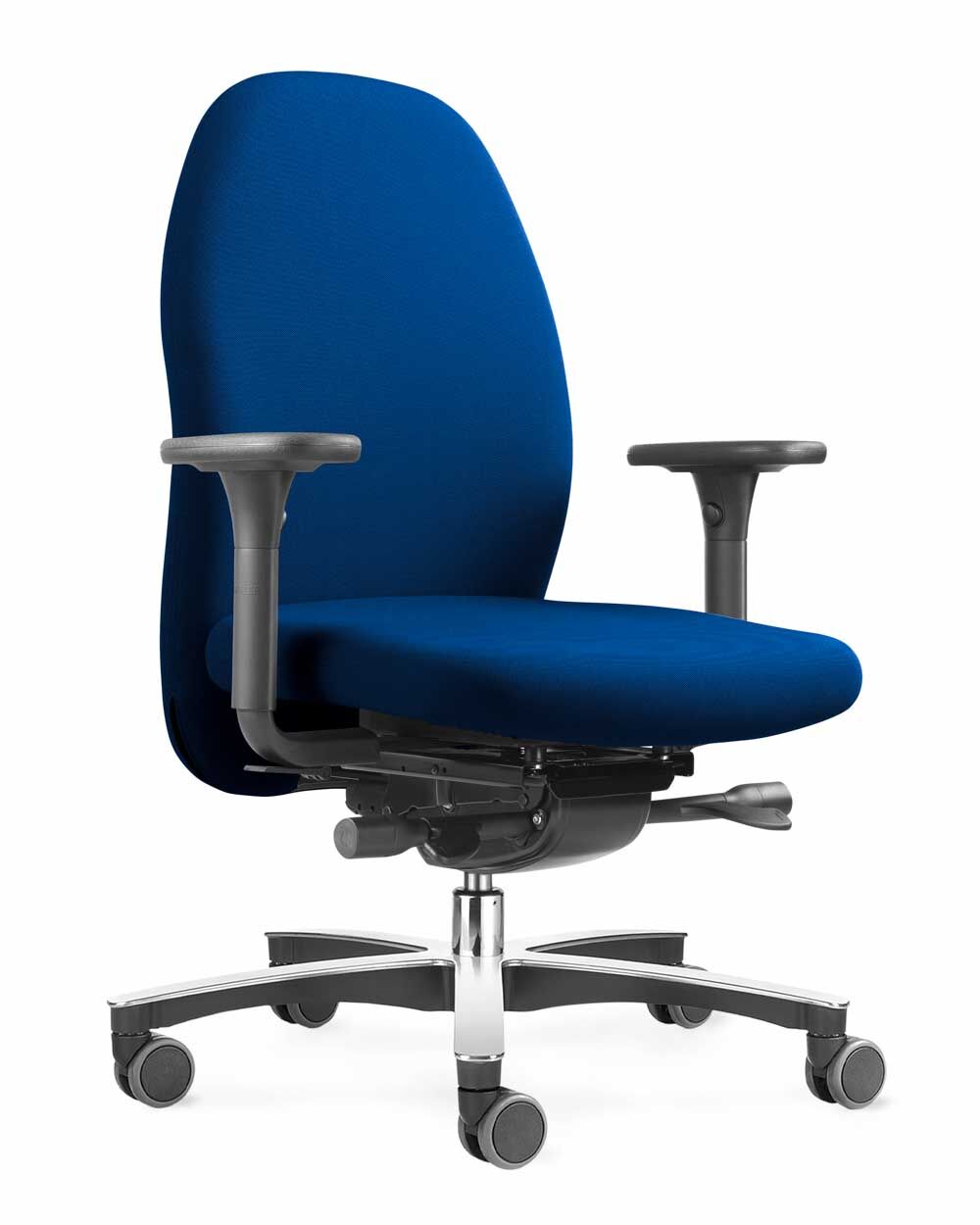 Ergonomischer Bürostuhl mit blauem Stoffbezug und verstellbaren Armlehnen; ideal für dynamisches Sitzen.